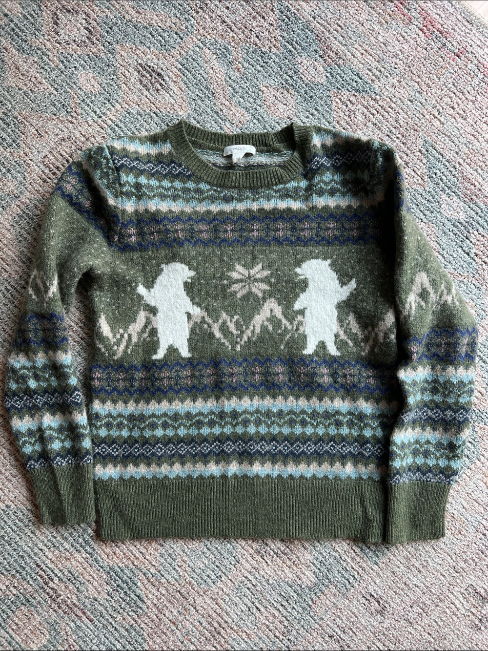 Crewcuts Olive Green Fair Isle Crewneck Sweater with White Bear Motifs